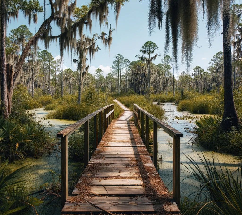 A wooden bridge over water at a new smyrna beach park
